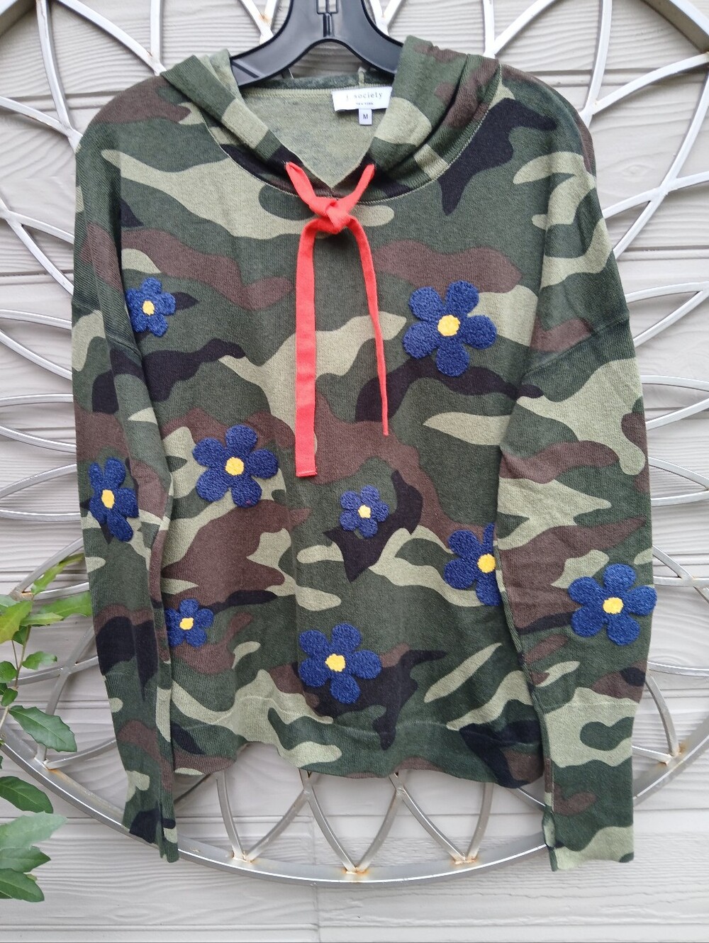 J. Society Camo Floral Hoodie Sweatshirt - Green with Blue Flowers